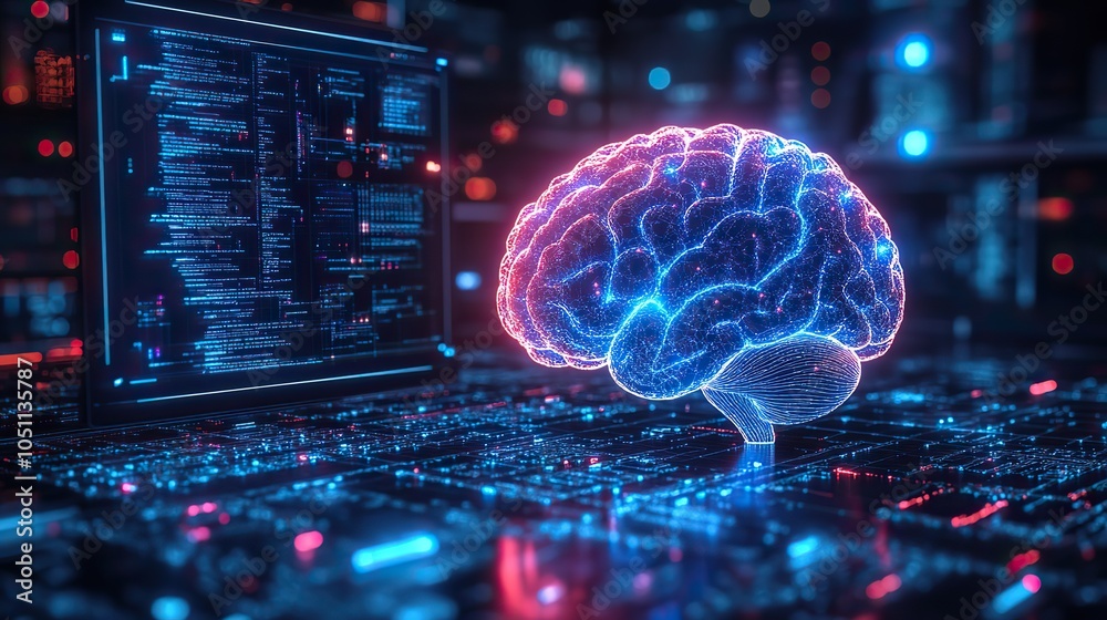 Poster digital brain next to computer, glowing with futuristic blue light.