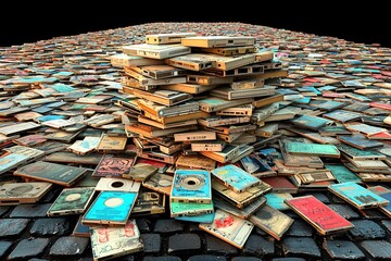 Fototapeta premium A Pile of Old Audio Cassette Tapes on a Cobblestone Street.