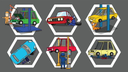 Car Repair Service: A set of six cartoon illustrations showcasing various aspects of car repair services, including lifting, tire changes, and inspections.