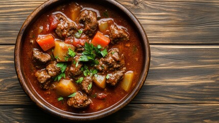 Goulash with Fresh Herbs on a Wooden Background