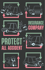 Man and motorcycle collide with of car. Accident Protection Plan: Insurance Company Ad Graphic.