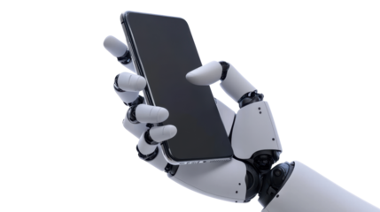 Close-up of a robotic hand holding a smartphone, symbolizing modern technology, AI, and human-machine interaction, isolated on transparent.