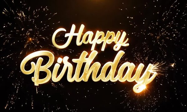 animation of golden text happy birthday on black with fireworks