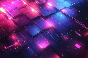 Abstract 3D geometric pattern with glowing pink and blue lights.