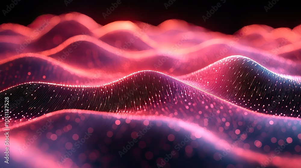 Poster digital mesh pattern with woven lines and network dots representing futuristic technology.