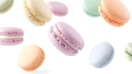 Fototapeta premium Macarons of different pastel colors, captured in mid-air as if falling or floating in space