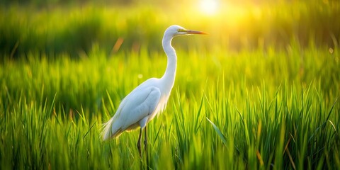 Obraz premium A white bird with a long beak stands in a field of lush green grass, illuminated by the warm glow of the setting sun.
