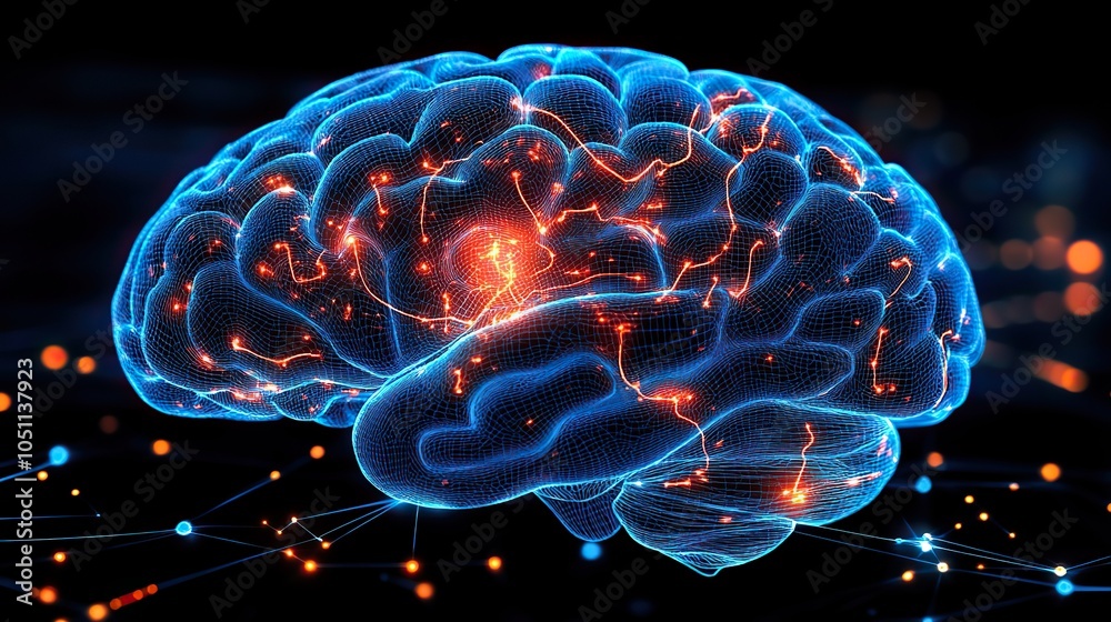 Aufkleber digital representation of the human brain with electric technology effects on dark background.image