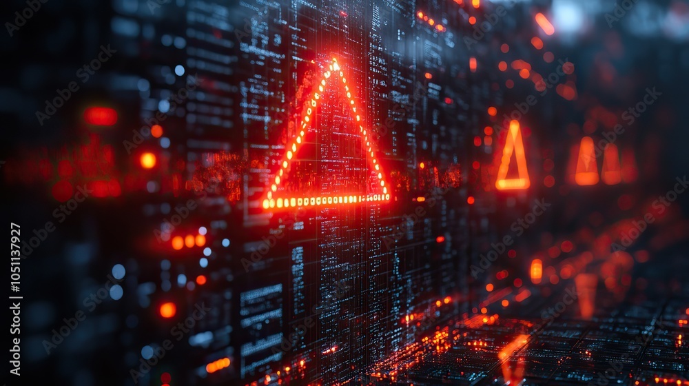 Aufkleber digital screen displaying red exclamation mark symbolizes an abstract concept of cybersecurity and attack, featuring an icon of compromised computer network with red triangle frame.