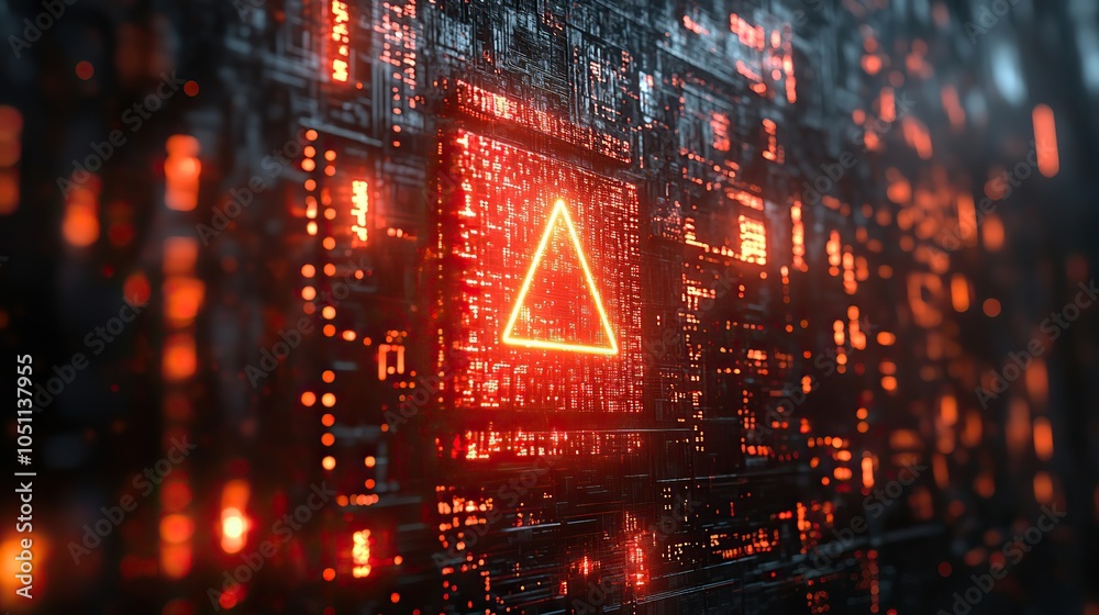 Poster digital screen displaying red exclamation mark symbolizes an abstract concept of cybersecurity and attack, featuring an icon of compromised computer network with red triangle frame.image
