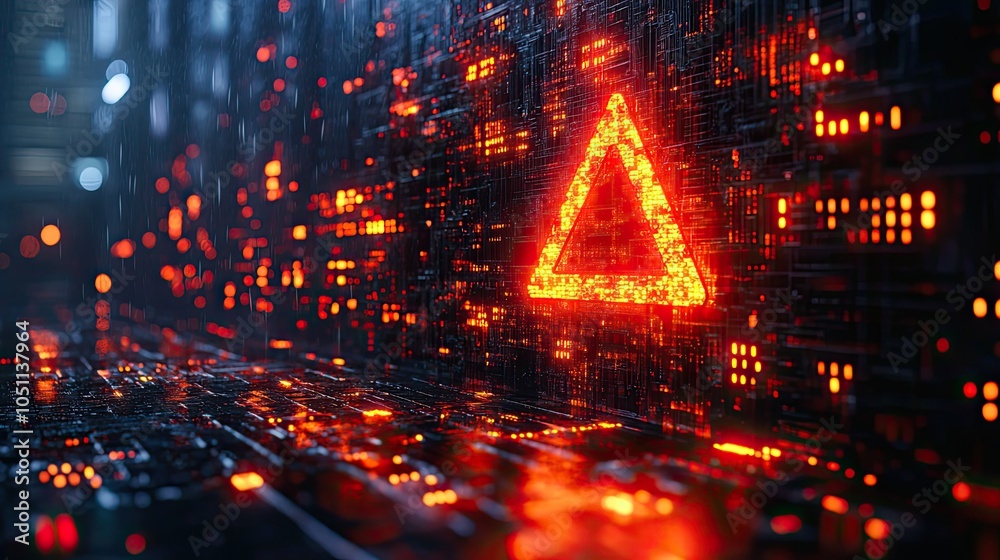 Aufkleber digital screen displaying red exclamation mark symbolizes an abstract concept of cybersecurity and attack, featuring an icon of compromised computer network with red triangle frame.illustration