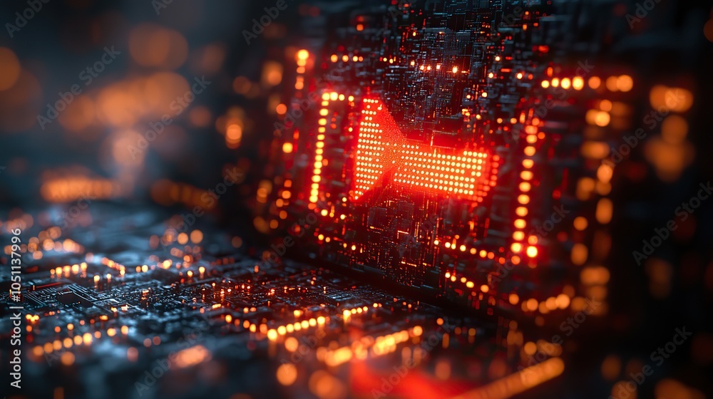 Poster digital screen displaying red exclamation mark symbolizes an abstract concept of cybersecurity and attack, featuring an icon of compromised computer network with red triangle frame.stock photo