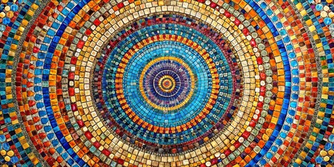 A vibrant circular mosaic of colorful glazed ceramic tiles arranged in concentric rings creating a captivating visual pattern.