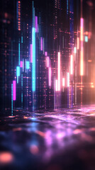 Digital financial data visualization with vibrant colors and glowing bars representing market trends. abstract design evokes sense of technology and innovation