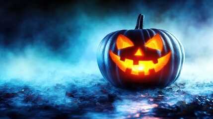 Obraz premium A sinister jack-o-lantern sitting on a fog-covered porch, glowing brightly in the Halloween night.