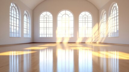 Sunlight streams through large elegant windows, illuminating the spacious empty room with polished wooden floors