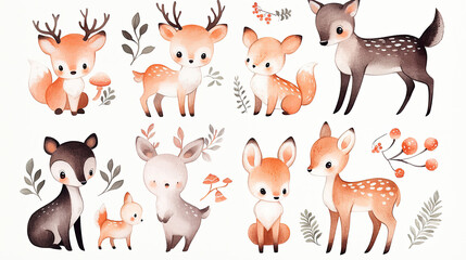 Fototapeta premium Illustrations of small animals in the forest, including deer, foxes, and rabbits