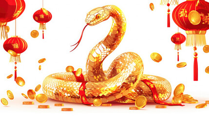 Golden snake, red lantern, Chinese New Year illustration