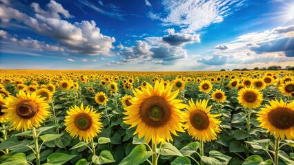Obraz premium Vibrant sunflower field in summer under blue sky