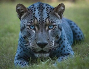 Fototapeta premium blue jaguar with blue eyes is in the grass.