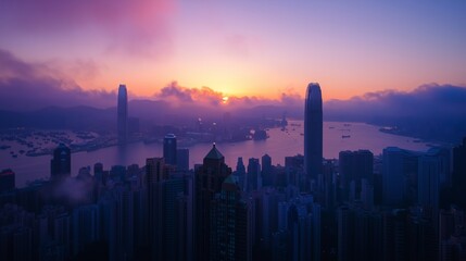 Fototapeta premium City skyline dawn silhouetted skyscrapers rising overlapping high-rise architecture. AI generated