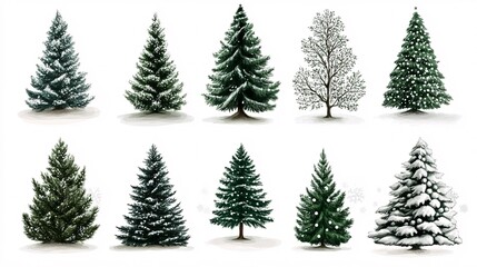 Fototapeta premium 2410 40.A collection of Christmas trees, drawn in varying styles and shapes, on a white background. The trees include both detailed evergreen representations and more simplified, modern designs,