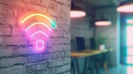 A bright neon Wi-Fi sign glows on a brick wall, enhancing the contemporary feel of a stylish office environment