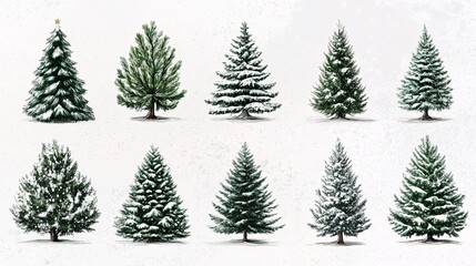 Obraz premium 2410 40.A collection of Christmas trees, drawn in varying styles and shapes, on a white background. The trees include both detailed evergreen representations and more simplified, modern designs,