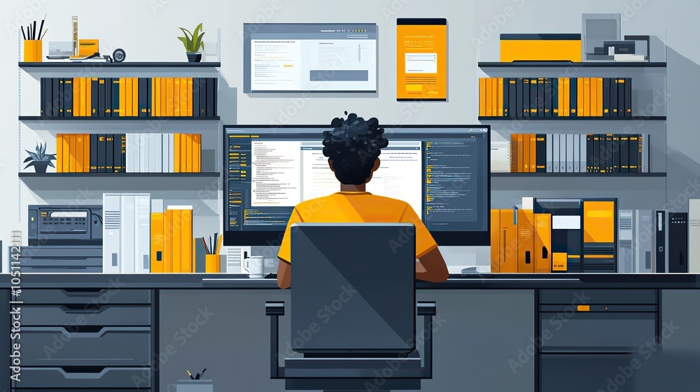 Poster flat man working at computer in front of server racks, with space for banner or promotional material.image