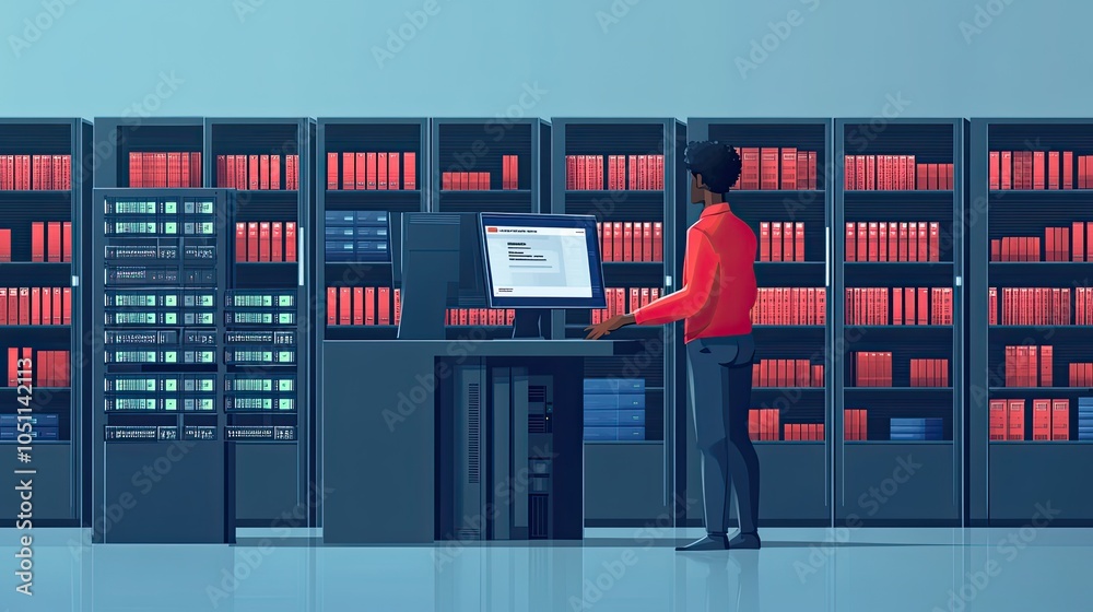 Poster flat man working at computer in front of server racks, with space for banner or promotional material