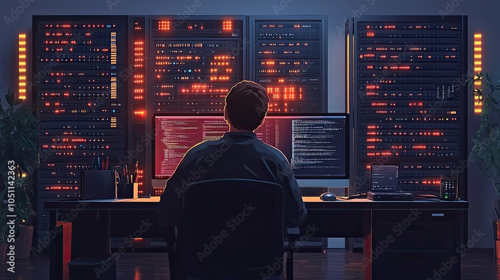Fototapete flat web host working at desk with computer, with server rack in the background.image