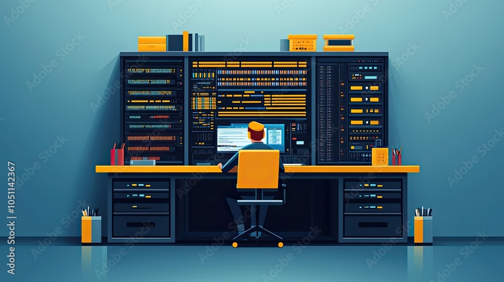 Aufkleber flat web host working at desk with computer, with server rack in the background.stock photo