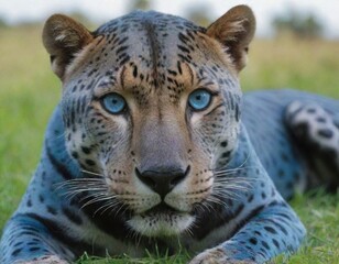 Naklejka premium blue jaguar with blue eyes is in the grass.