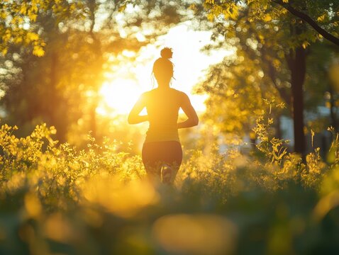 Silhouette of a woman jogging through a sunlit forest in the evening. - Powered by Adobe