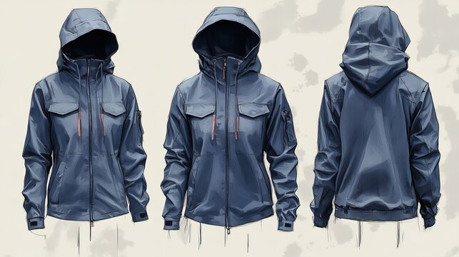 flat sketch of windcheater hoodie jacket design shows front and back views, ideal for winter activities.stock photo