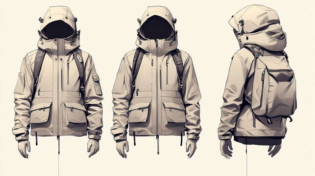 flat sketch of windcheater hoodie jacket design shows front and back views, ideal for winter activities.illustration