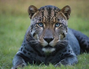 Naklejka premium blue jaguar with blue eyes is in the grass.