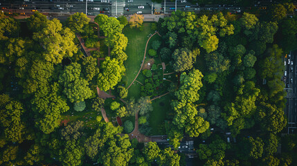 An aerial view of a lush green park surrounded by trees and pathways, illustrating urban nature and recreational spaces for outdoor themes.