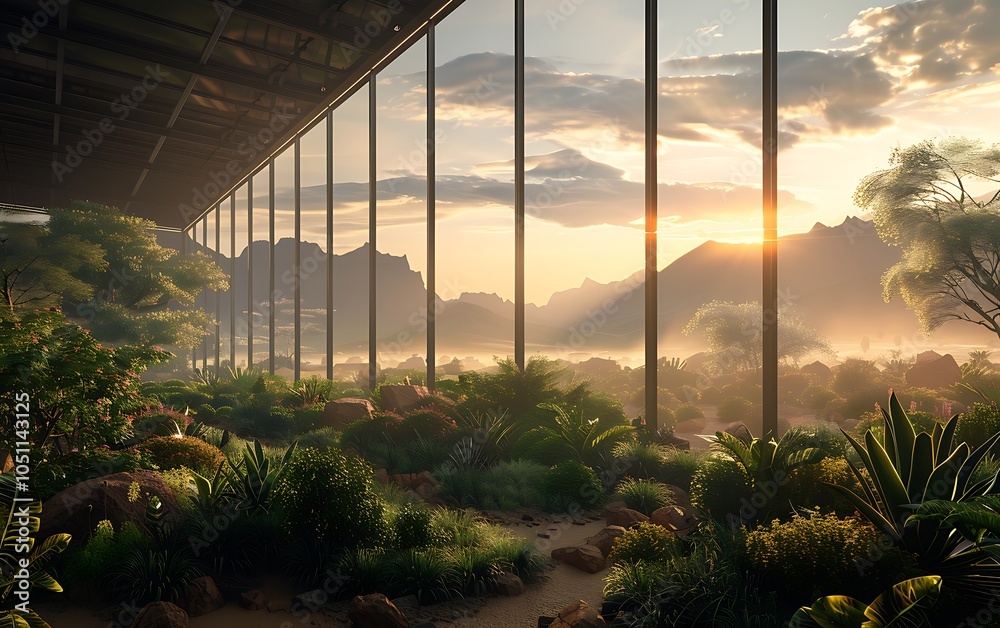 Poster futuristic smart factory in a desert managing solar-powered production lines with ai