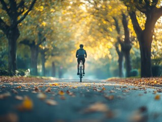 Fototapeta premium A cyclist rides through an autumn tree-lined path with colorful leaves on the ground.