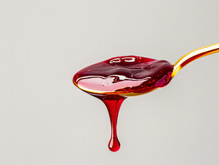 A droplet of rich red syrup slowly dripping from a spoon, set against a neutral background, highlighting texture and color for culinary themes.