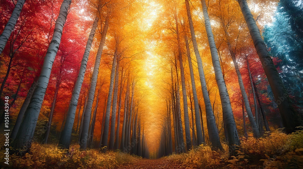 Poster forest in autumn with trees of various colors, their crowns intertwining against the bright sky.imag