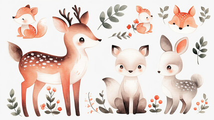 Naklejka premium Illustrations of small animals in the forest, including deer, foxes, and rabbits