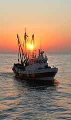 Obraz premium Ocean journey: fishing boat navigating open waters, essence of maritime adventure, connection between humans and nature, pursuit of sustenance in vast, tranquil sea environment.