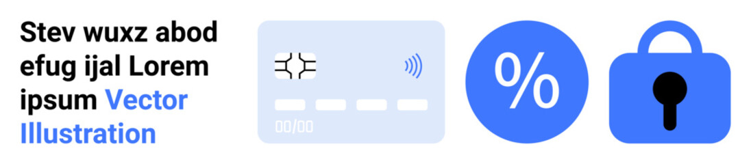 Digital finance theme featuring a credit card, a percentage symbol, and a padlock. Ideal for financial services, online transactions, secure payments, savings, and cybersecurity. Banner for landing