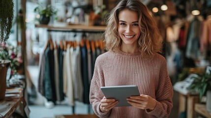 Fashion store owner using tablet in clothing boutique. Smiling fashion store owner holds a tablet in a stylish clothing boutique with racks of clothing and plants in the background.