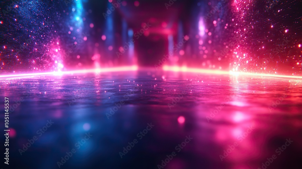 Poster futuristic abstract background with glowing neon lines reflecting off the floor, featuring purple an