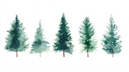 Fototapeta premium 2410 33.A set of watercolor Christmas trees painted with vibrant green hues, ranging from deep evergreen to lighter shades. The delicate brushstrokes create a soft texture, and some trees feature
