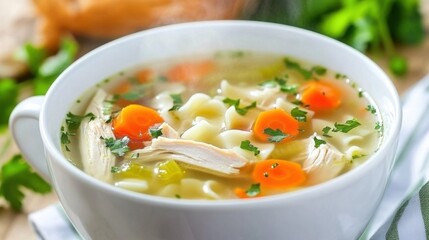 A steaming bowl of chicken noodle soup, highlighting the tender chicken, vegetables, and noodles in flavorful broth.