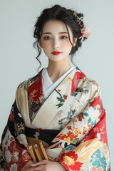 Woman in vibrant multi-colored kimono. Woman dressed in a vibrant, multi-colored floral kimono, highlighting the rich patterns and cultural significance of traditional Japanese clothing.